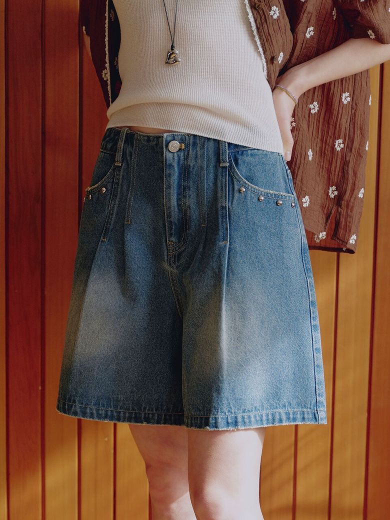 Rivet Embellished Vintage Short Denim Pants MU2635DN304M_INDIGO