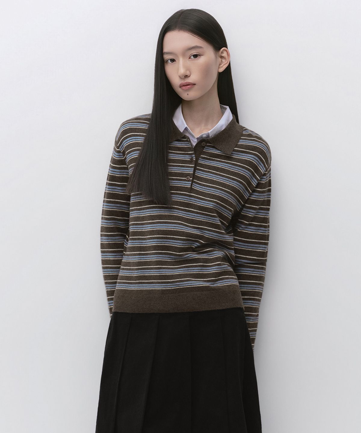 무신사 스탠다드 우먼(MUSINSA STANDARD WOMAN) 우먼즈 멀티 스트라이프 칼라드 니트2 [브라운]