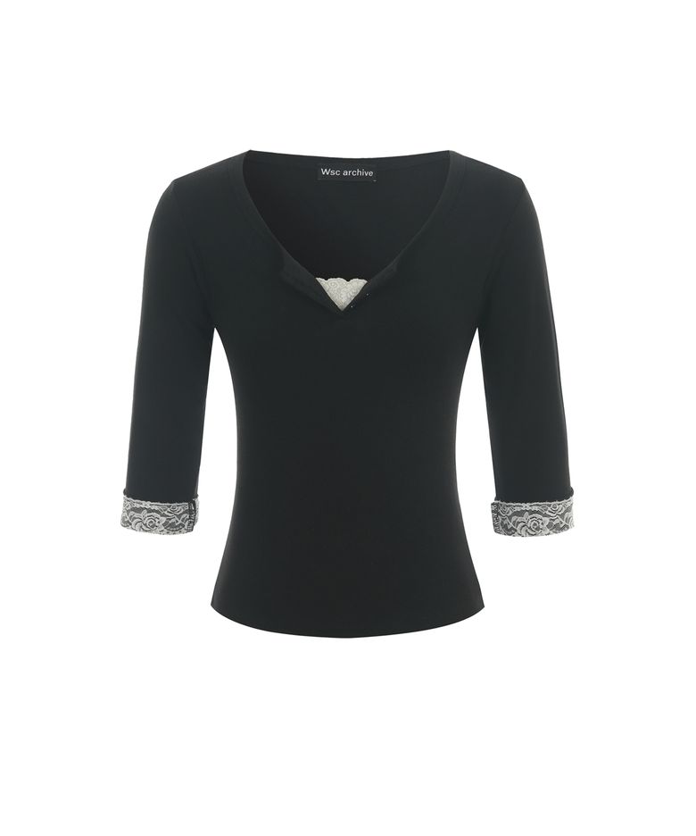 Lace hidden button Tee 001
