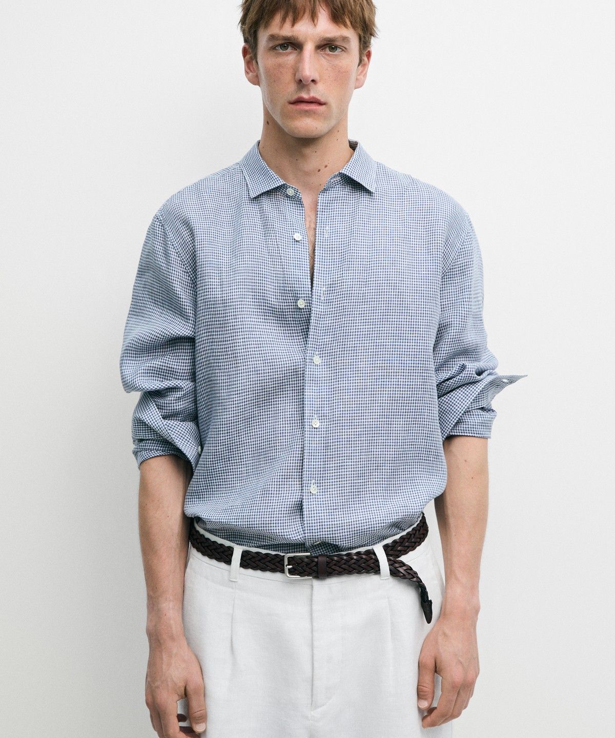 마시모두띠(MASSIMO DUTTI) 100% 린넨 레귤러 핏 깅엄 체크 셔츠