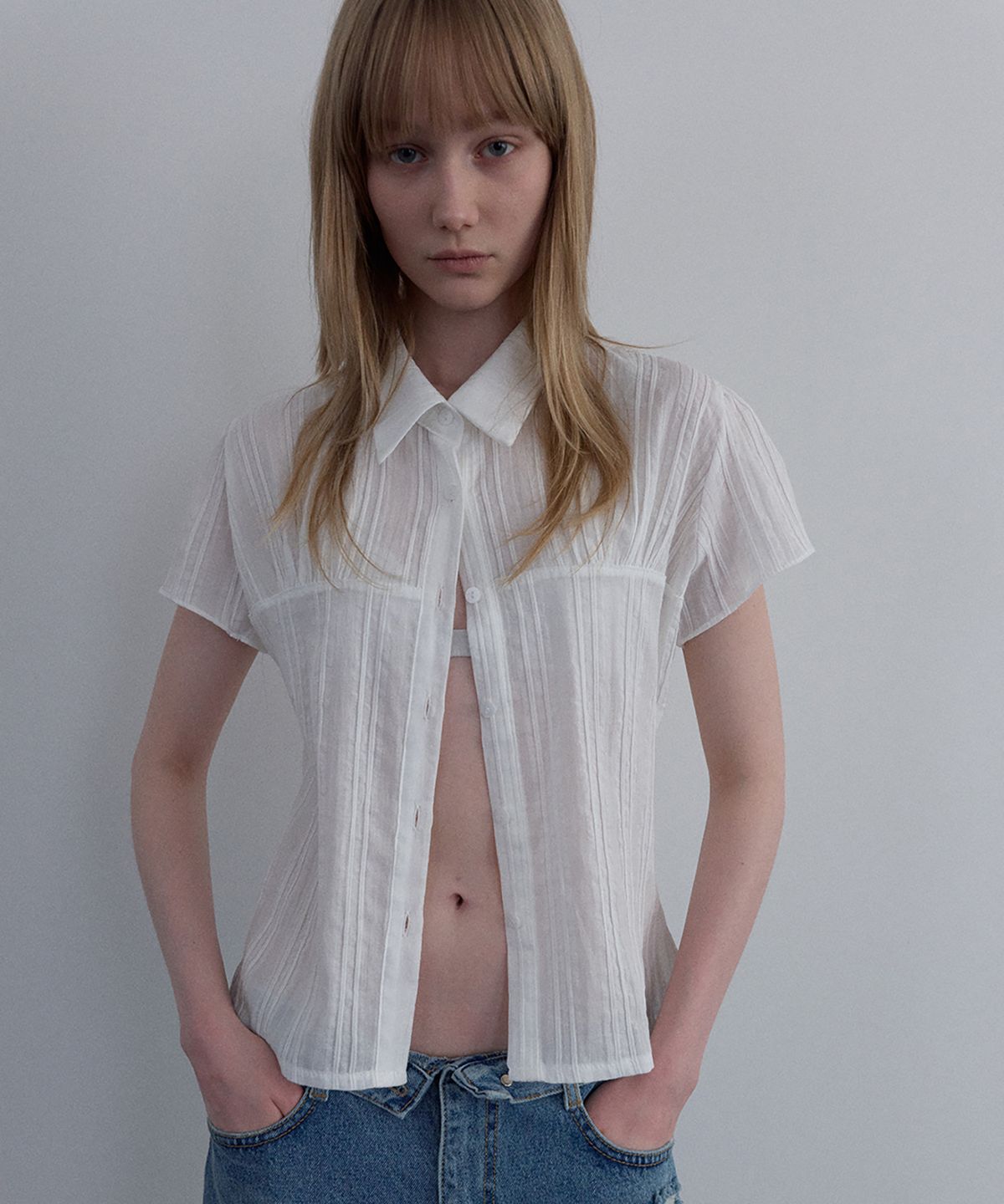우네씬(UUNE SCENE) Sheer Cap Sleeve Shirt_Ivory
