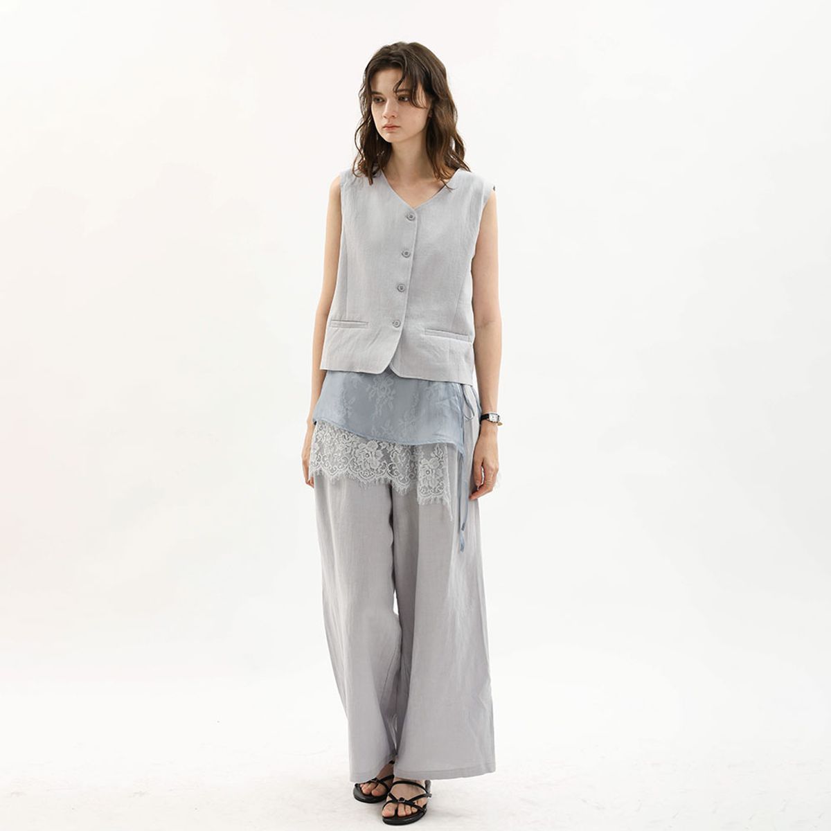 웬스데이딜라잇(WEDNESDAY DELIGHT) WD_Sleeveless vest and lace overlay pants set_BLUE