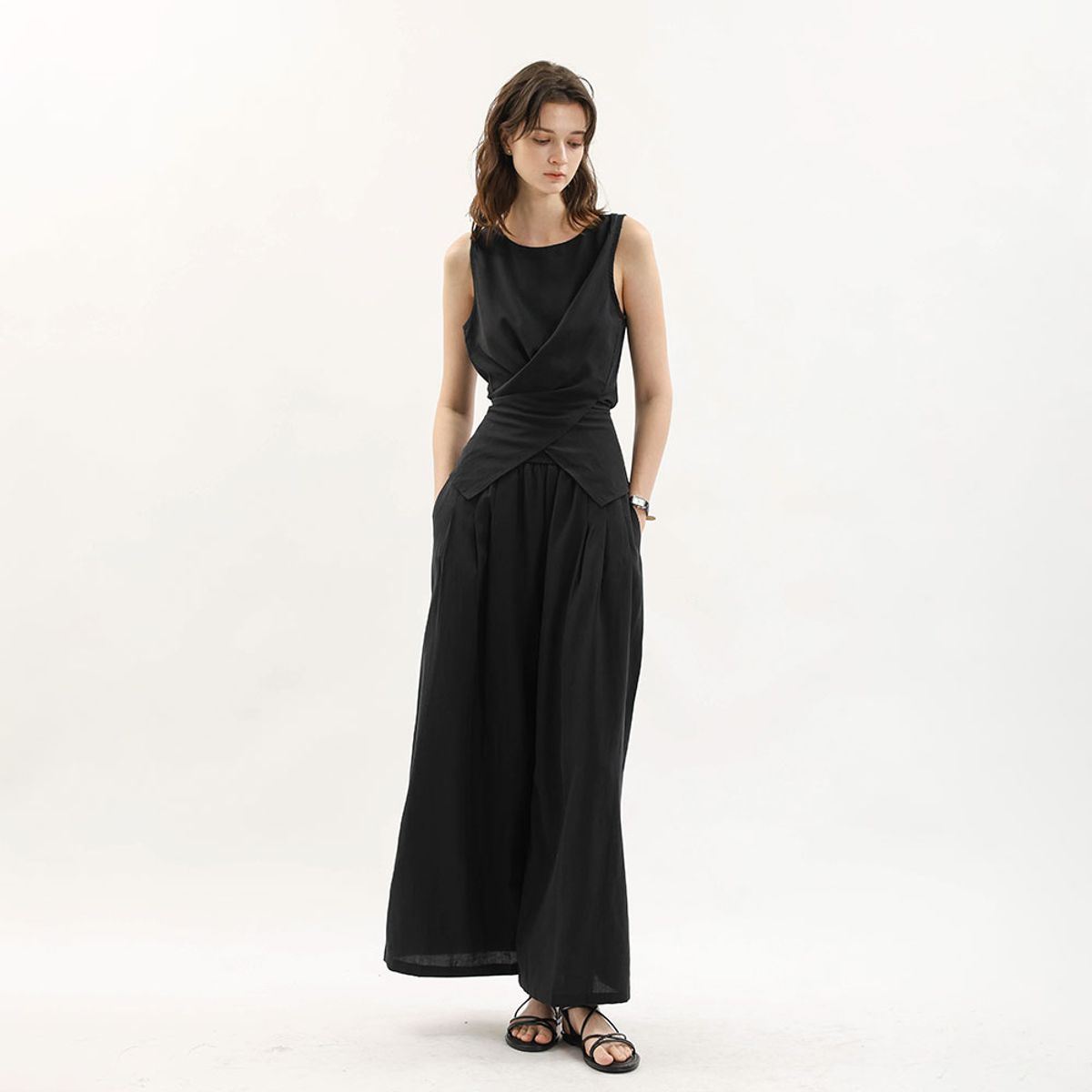 웬스데이딜라잇(WEDNESDAY DELIGHT) WD_Asymmetric drape vest and pants set_BLACK