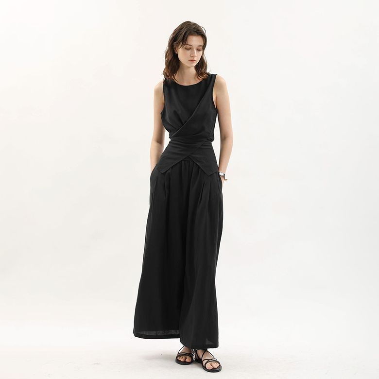 WD_Asymmetric drape vest and pants set_BLACK