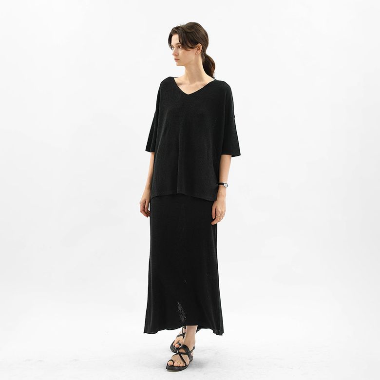 WD_Oversized v-neck knit top and skirt set_BLACK