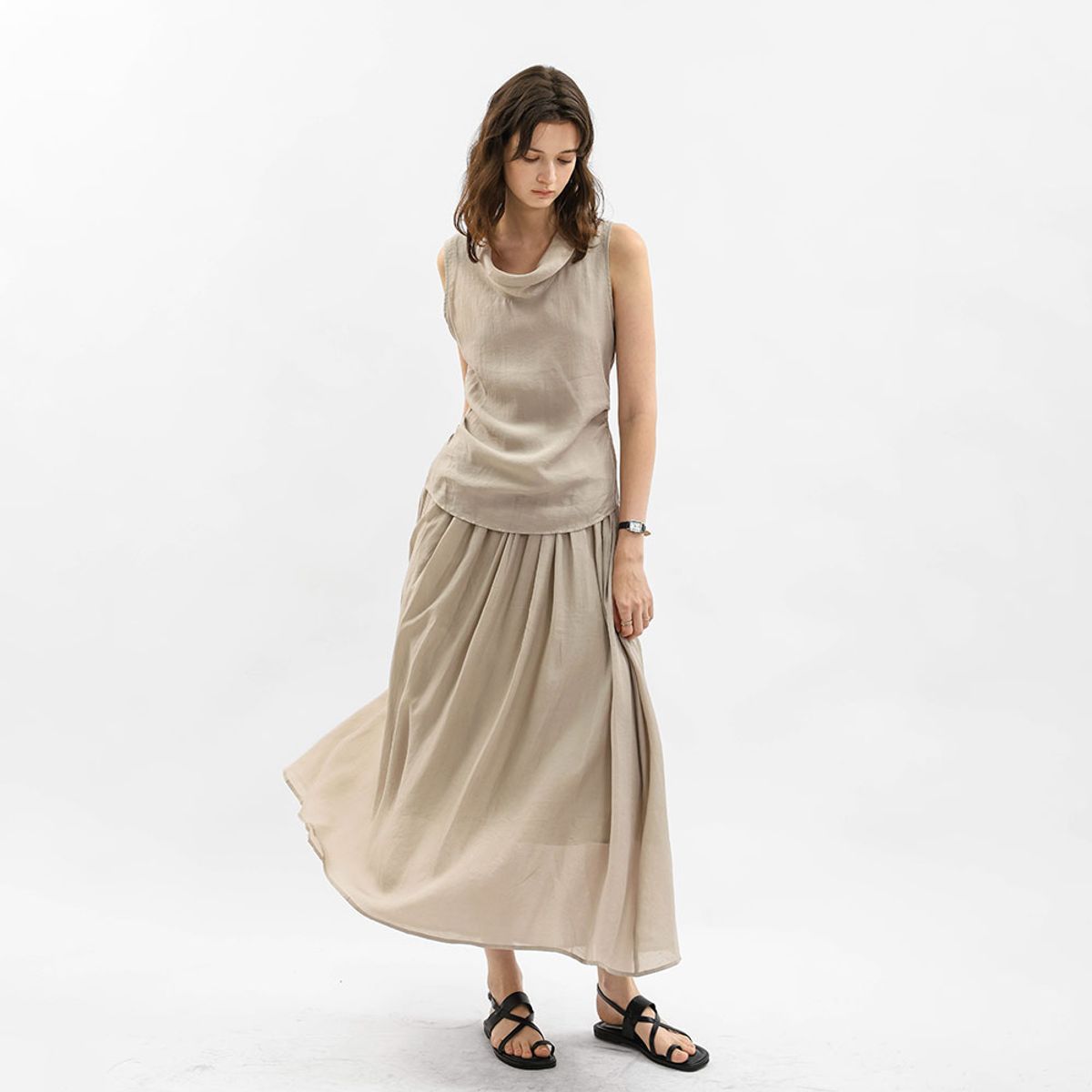 웬스데이딜라잇(WEDNESDAY DELIGHT) WD_Drape neck vest and midi skirt set_GRAY
