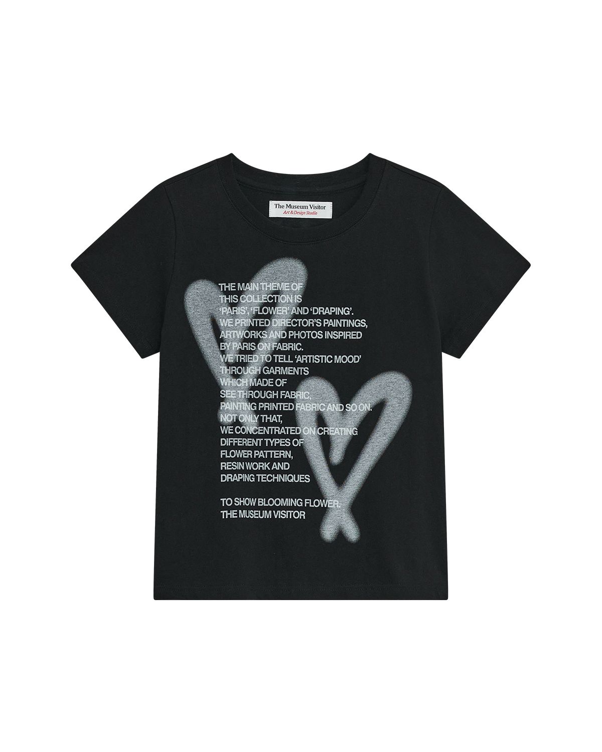 더뮤지엄비지터(THEMUSEUMVISITOR) W HEART PRINTED CROP T-SHIRT (BLACK)