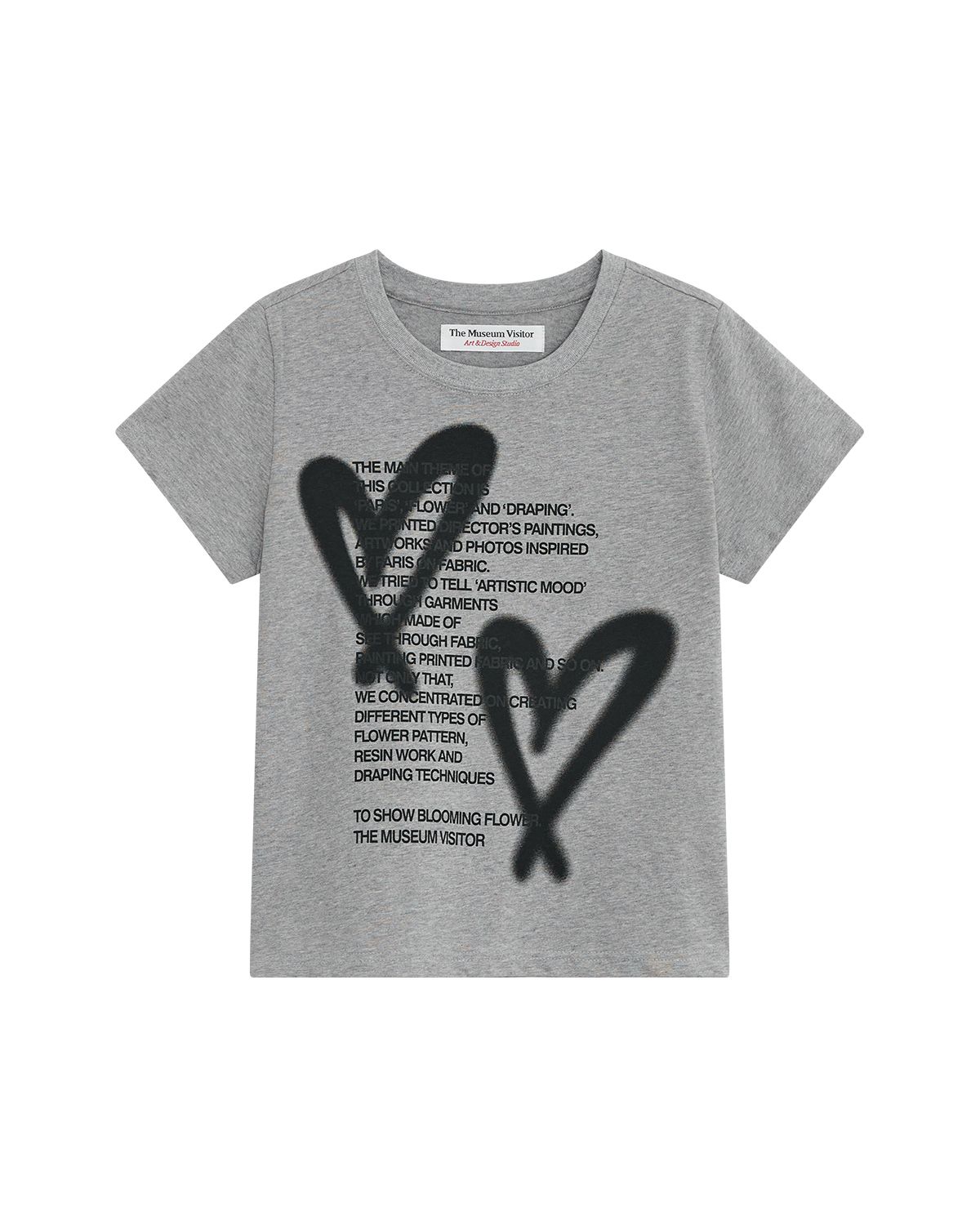 더뮤지엄비지터(THEMUSEUMVISITOR) W HEART PRINTED CROP T-SHIRT (MELANGE GREY)