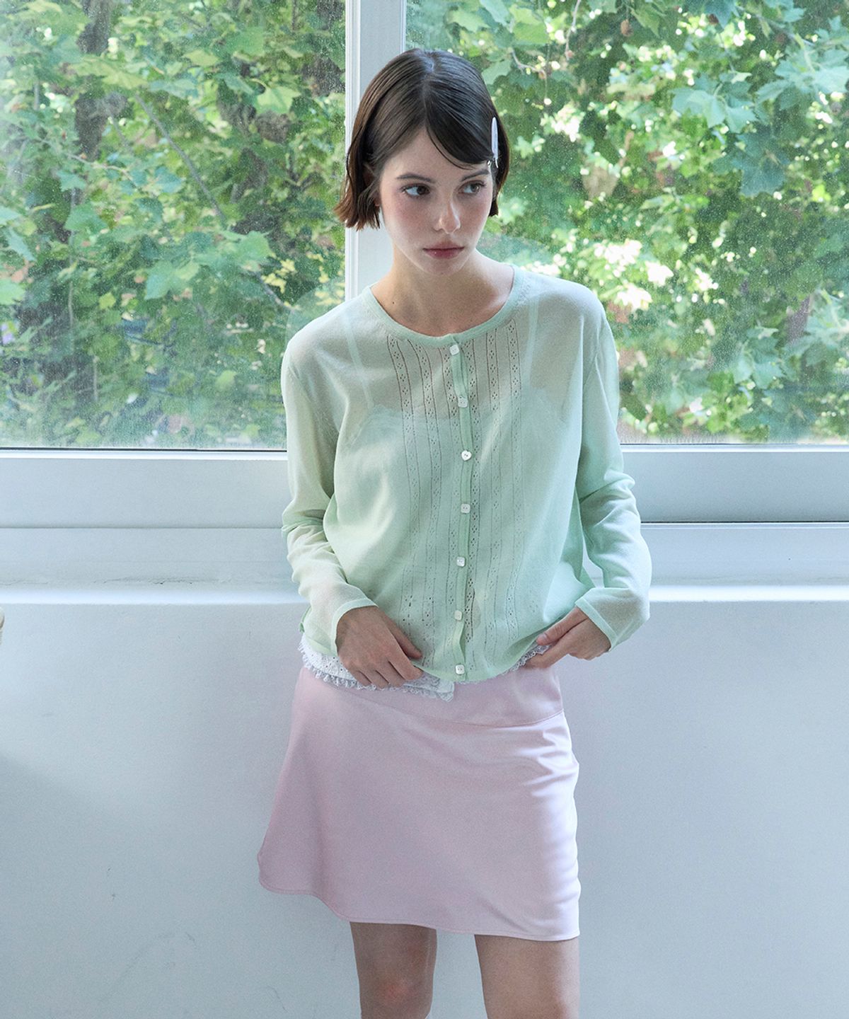 베이비블루니들즈(BABYBLUENEEDLES) Glossy Crochet Knit Cardigan APPLE MINT