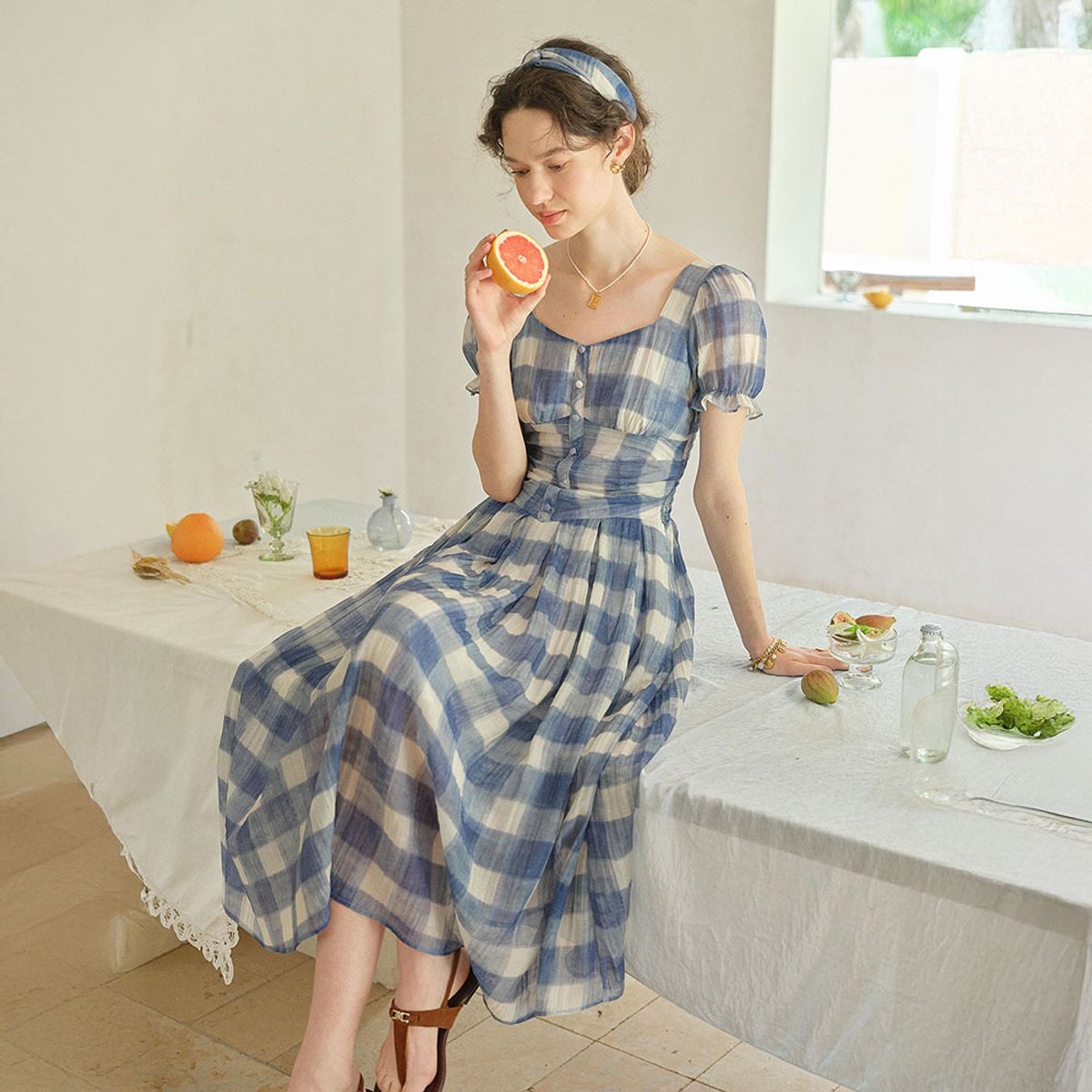 심플레트로(SIMPLE RETRO) SR_Blue checkered cinching dress