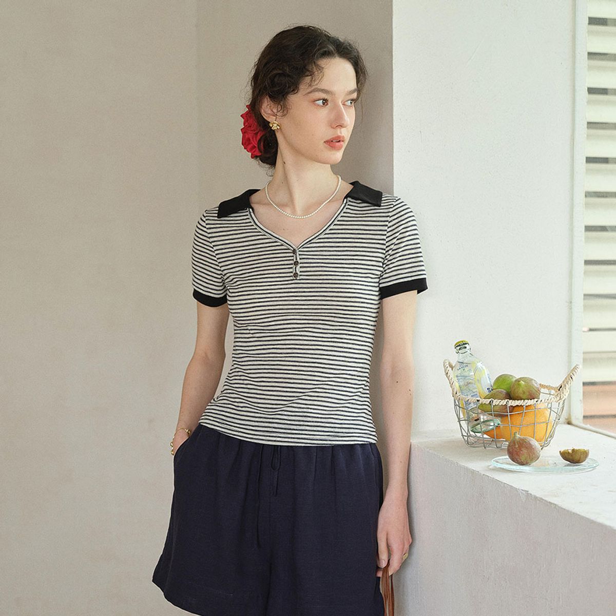 심플레트로(SIMPLE RETRO) SR_Color-block stripe top