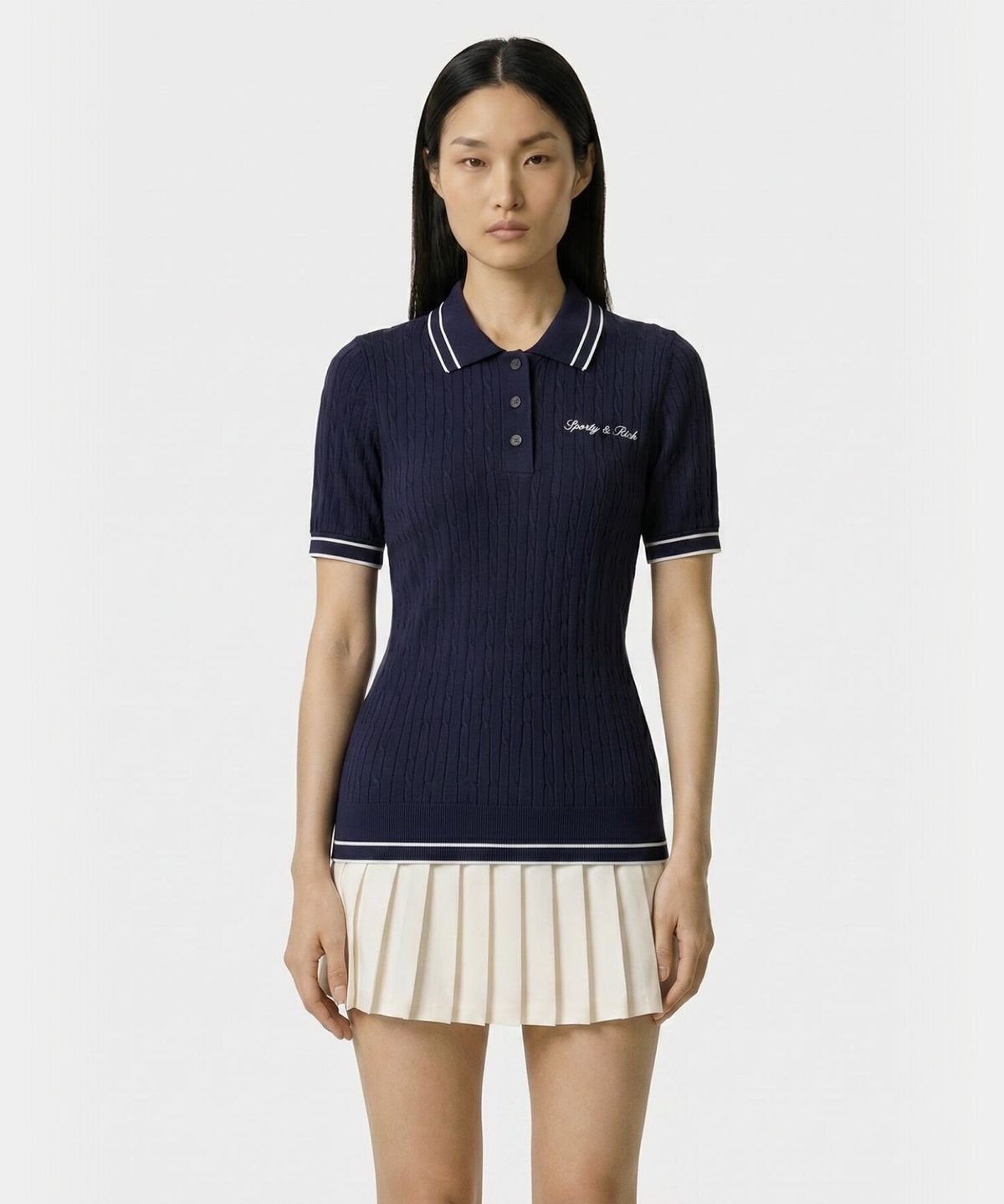 스포티앤리치(SPORTY&RICH) 시그니쳐 로고 미니 케이블 폴로 - 네이비 R265AW2008