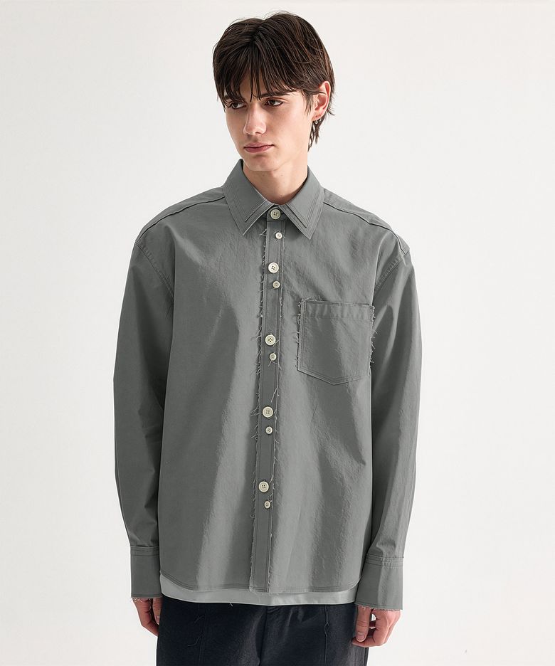 Raw-Edge Irregular Button Shirt - Gray