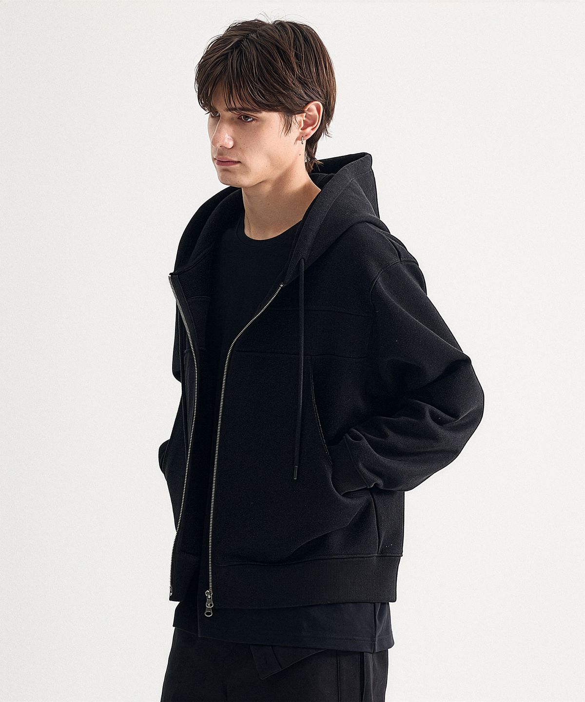 에이치직(H.JIK) Deconstructed Rib Panel Zip-up Hoodie- Black