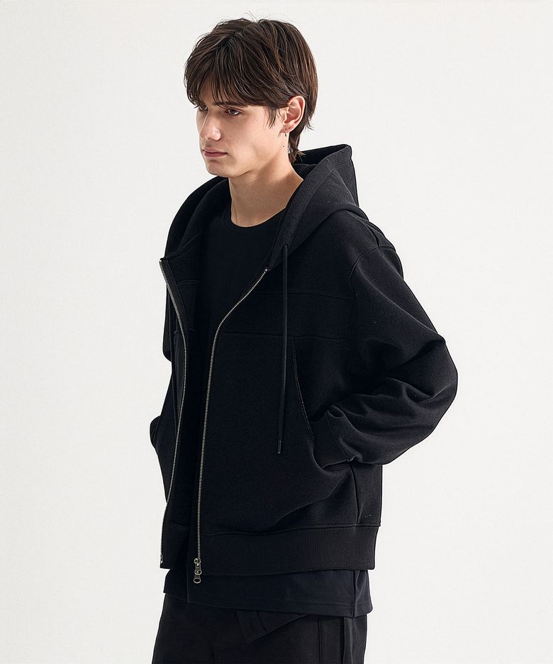 Deconstructed Rib Panel Zip-up Hoodie- Black