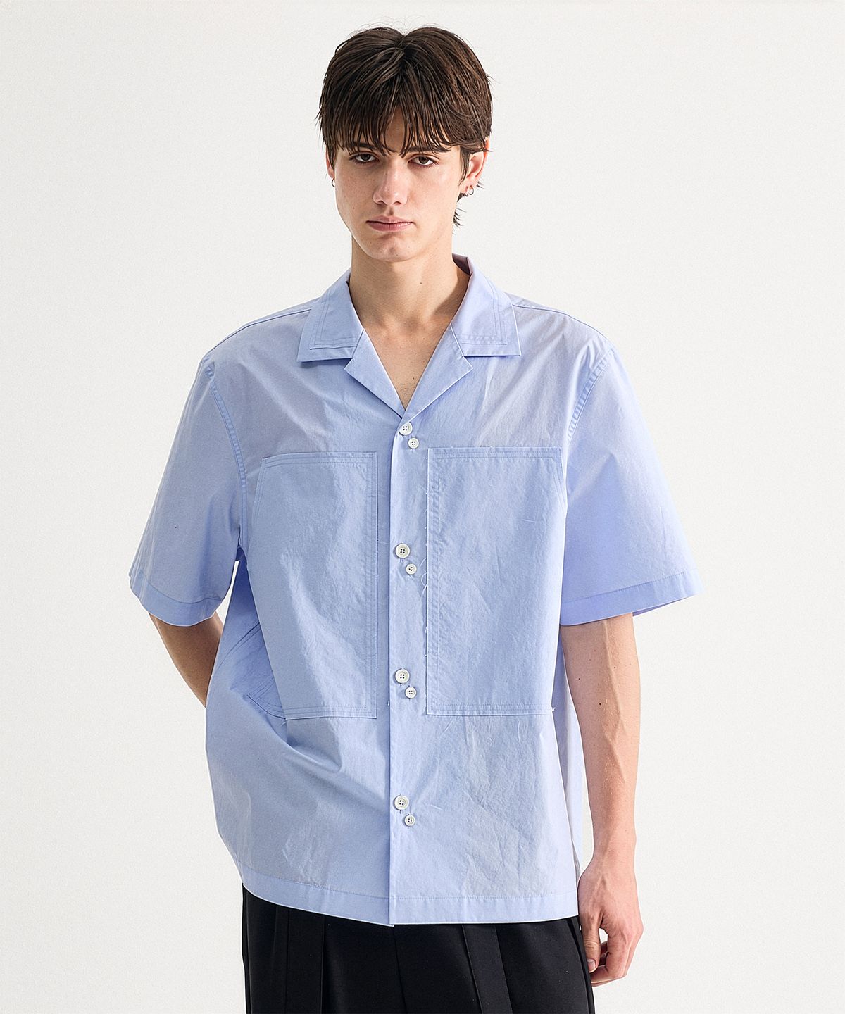 에이치직(H.JIK) Layered Open Collar Raw-edge Shirt - Sky Blue