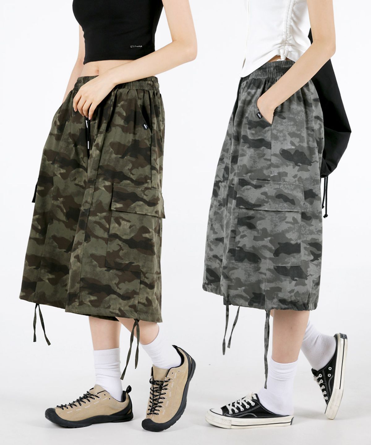 음(UMM) 여자 허리밴딩 카모 와이드 버뮤다반바지 2COLOR