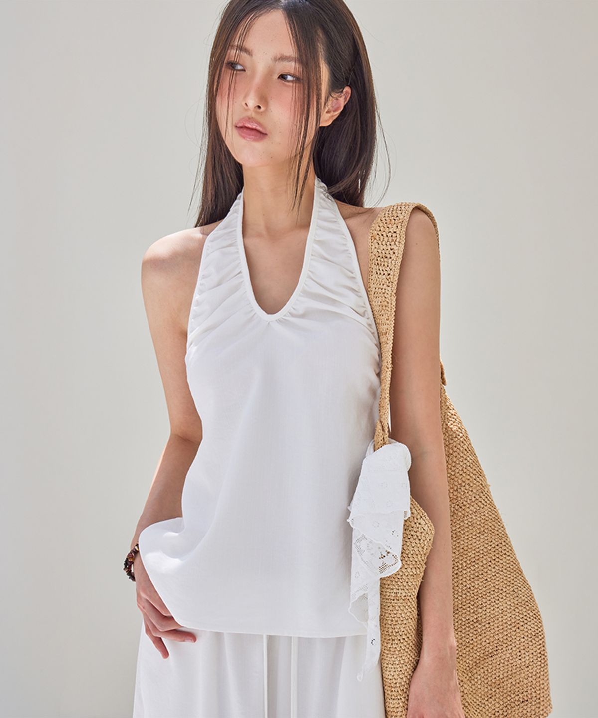 런던다다(LONDONDADA) Linen-Like Halter Shirring Top, WHITE