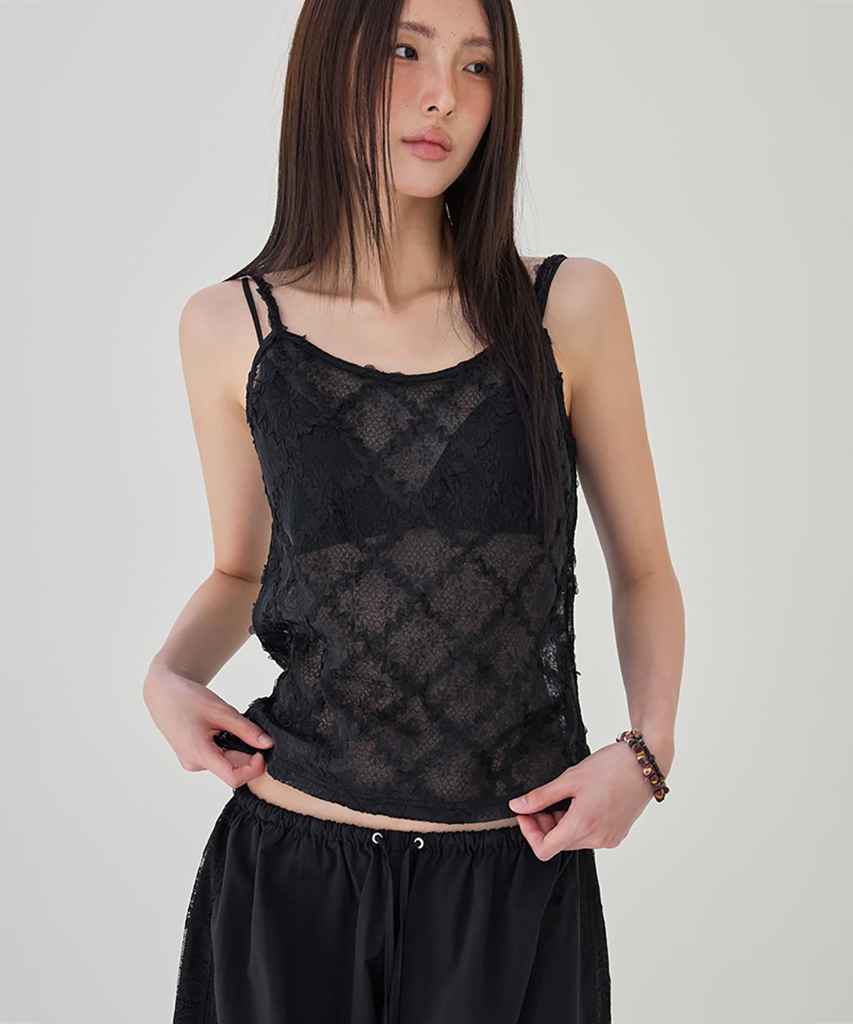 런던다다(LONDONDADA) Floral Lace Layered Tank Top, BLACK