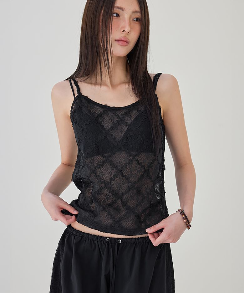 Floral Lace Layered Tank Top, BLACK