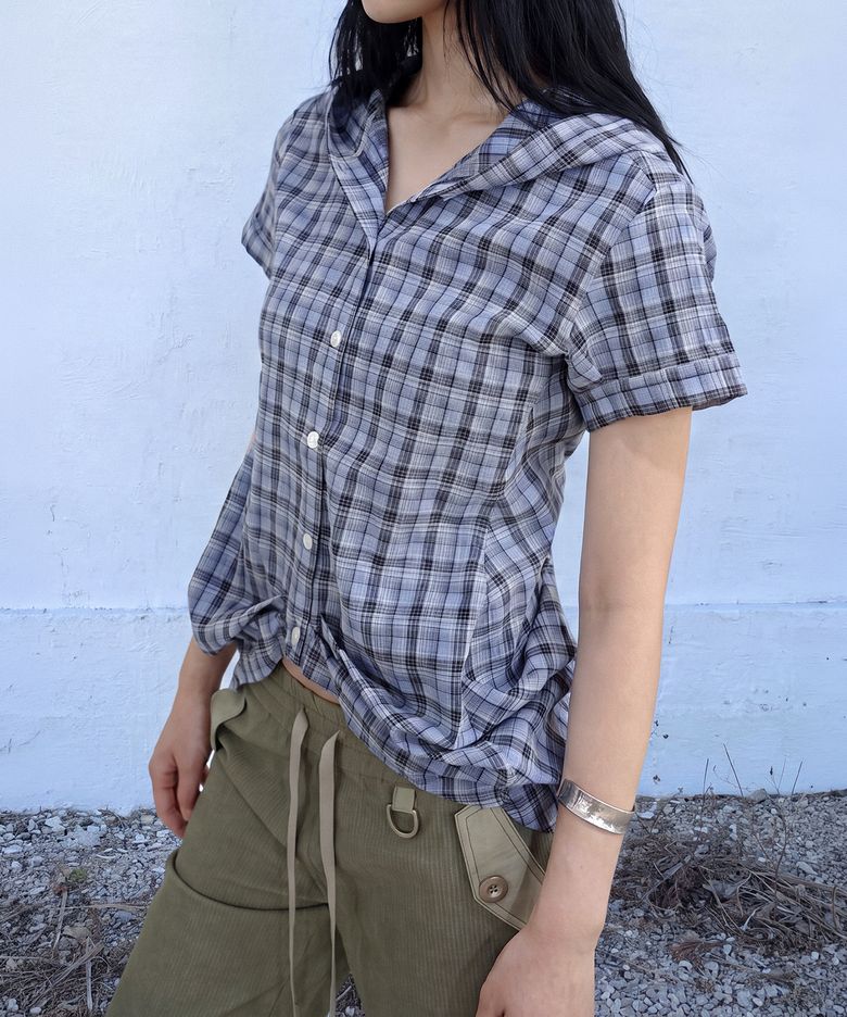 RIA HOODED BALLOON CHECK HALF SHIRT_BLUE