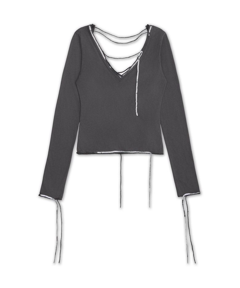 시퀸 트림 브이넥 티 (Sequin Trim V Neck Tee)