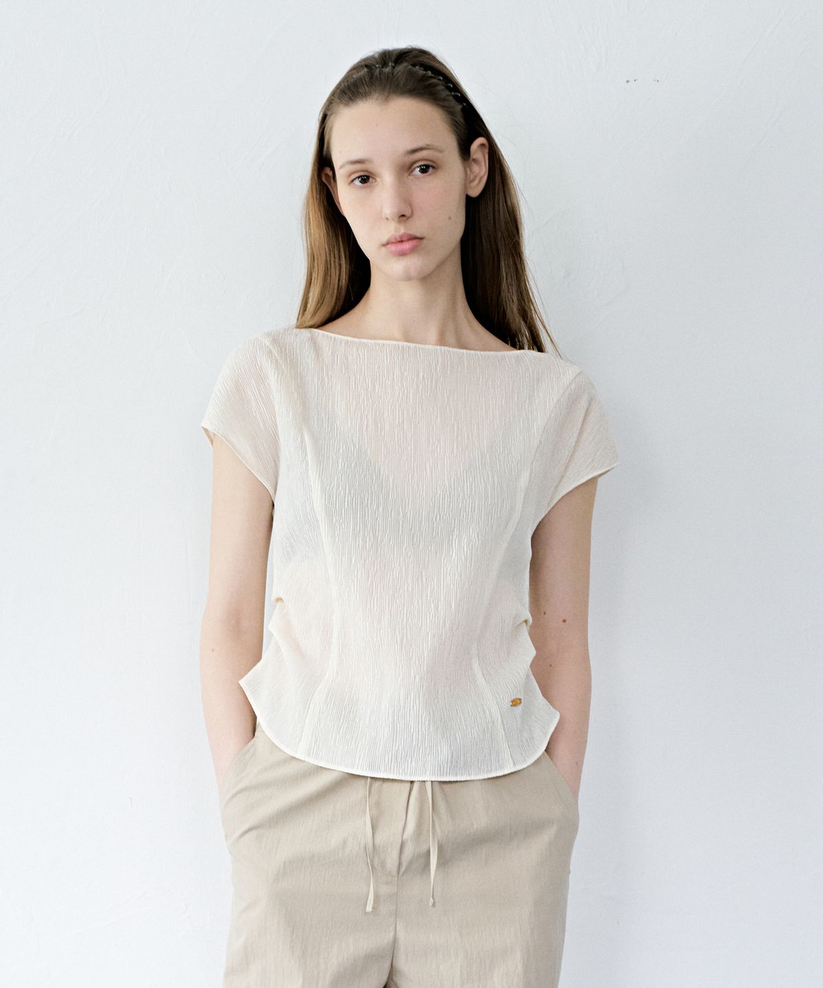 르메메(LEMEME) Rive Boatneck Blouse Pleats Cream