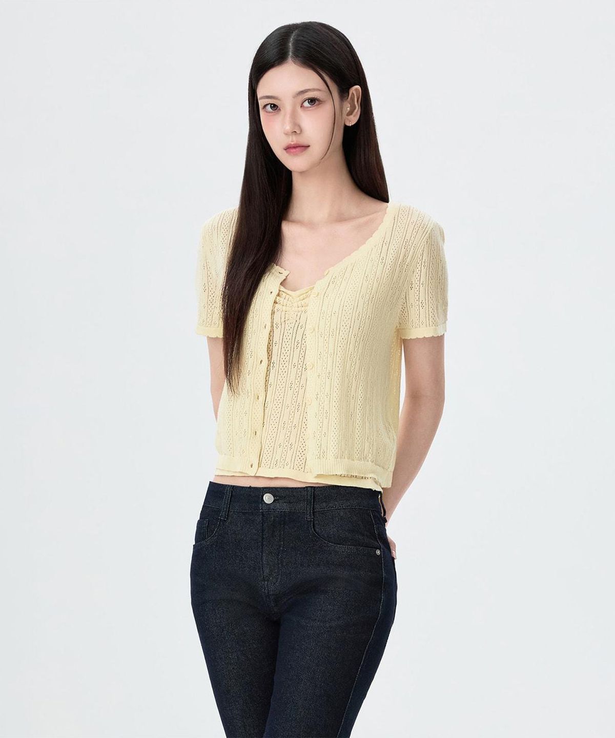 미쏘(MIXXO) [셋업] 크로셰 반팔 가디건_MIWCKG741T