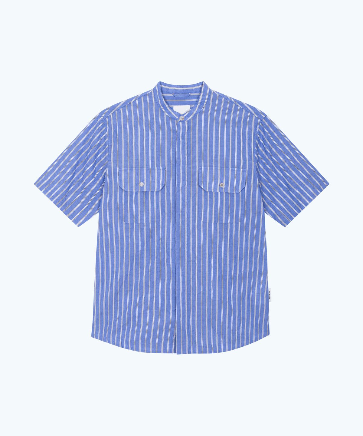 밀라코드(MILACODE) Pin Stripe(Creased effect) Band Collar Shirt - BLUE