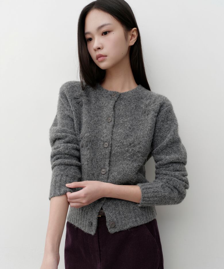 우먼즈 플라워 라운드 넥 가디건 [미디엄 그레이]