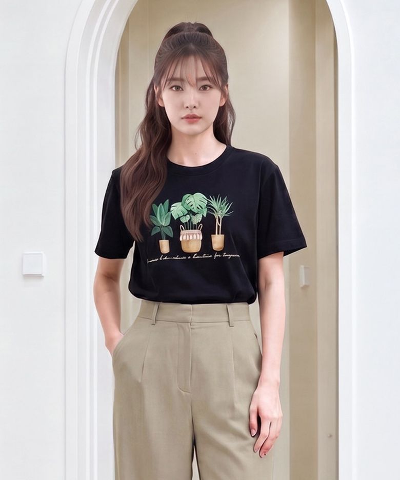 블랙 플랜트 프린팅 반팔 티셔츠