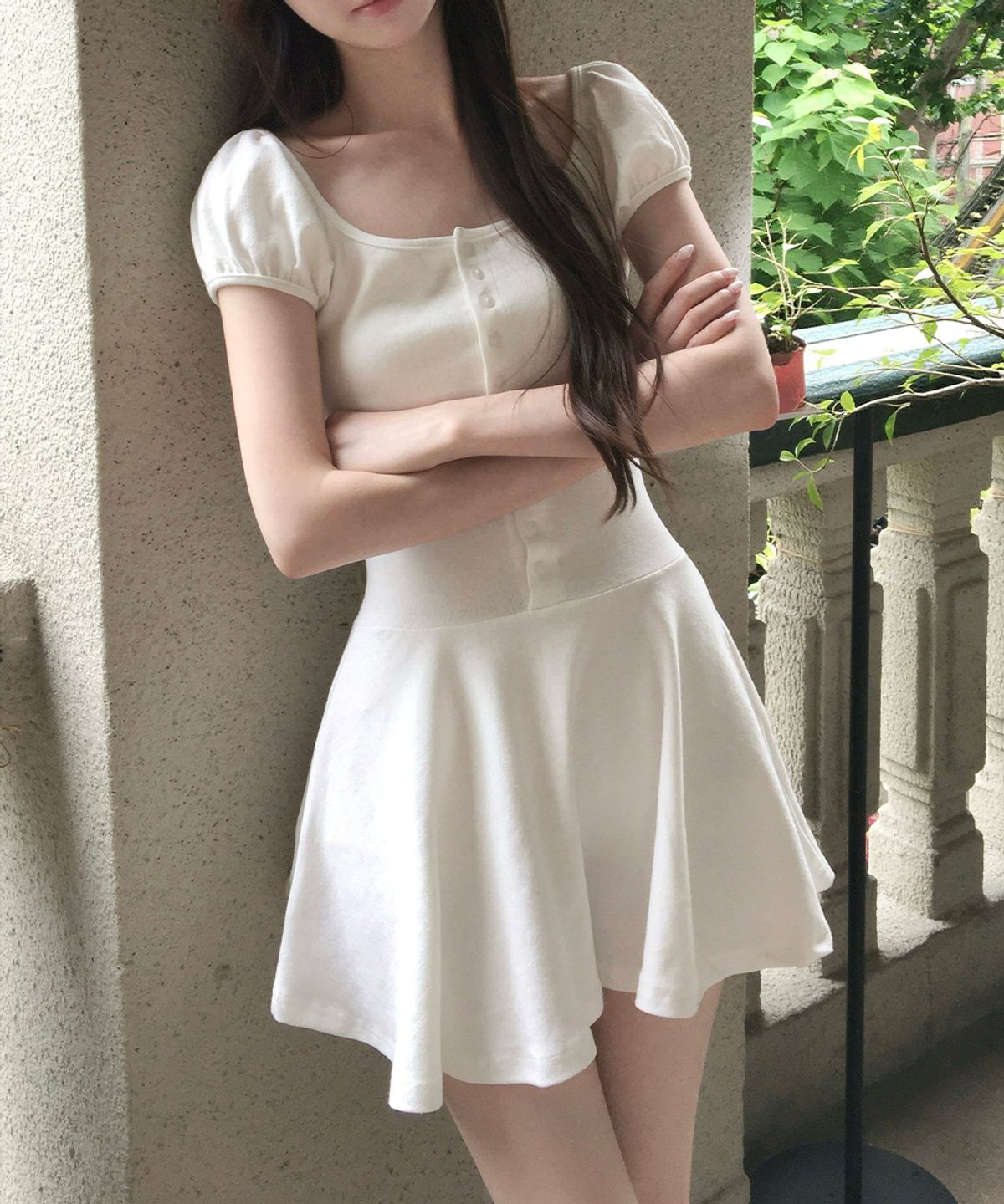 위스페어리(WHISFAIRY) Button Flare Dress - WHITE