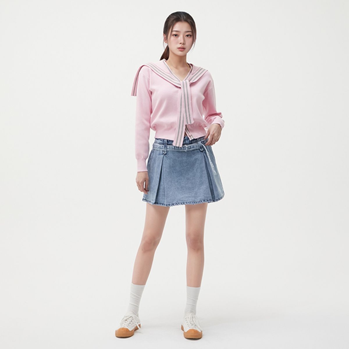 랩(LAP) 맞주름 끈 벨트 데님 치마 바지 AR1DP266