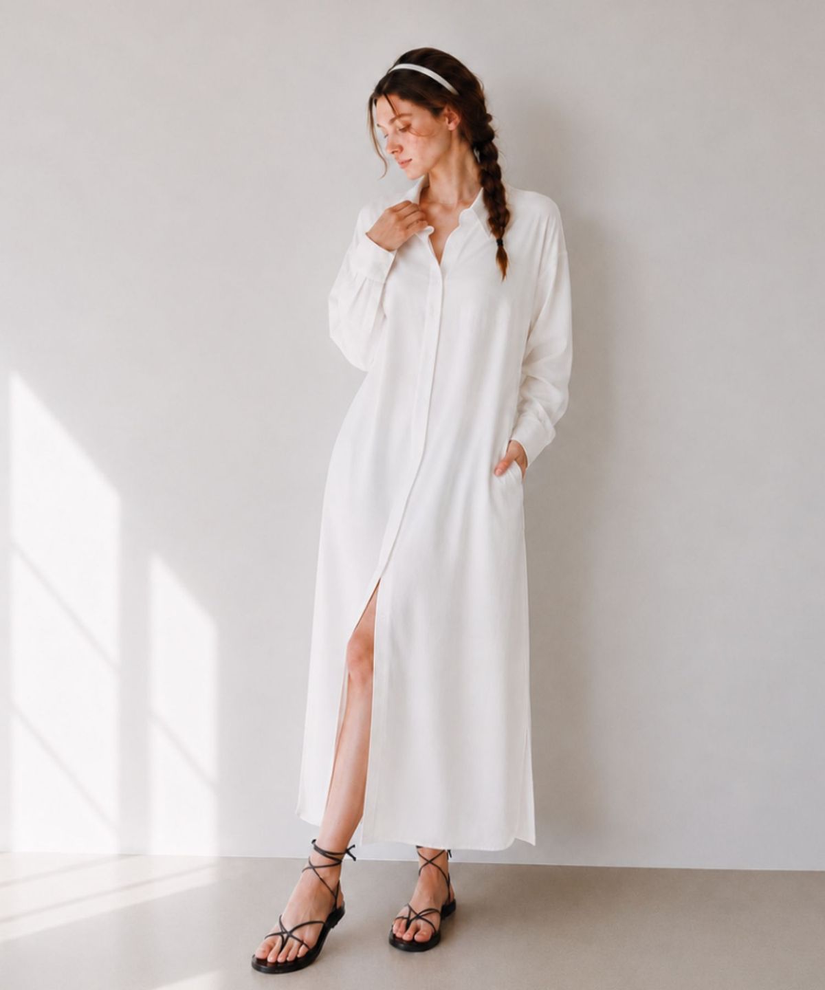 블랙크러쉬(BLACRUSH) Cooling Silky Long Shirt Dress / 퓨어화이트