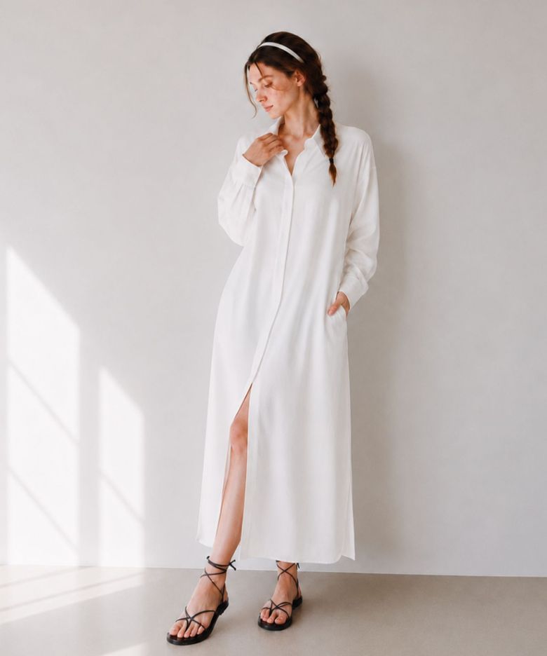 Cooling Silky Long Shirt Dress / 퓨어화이트