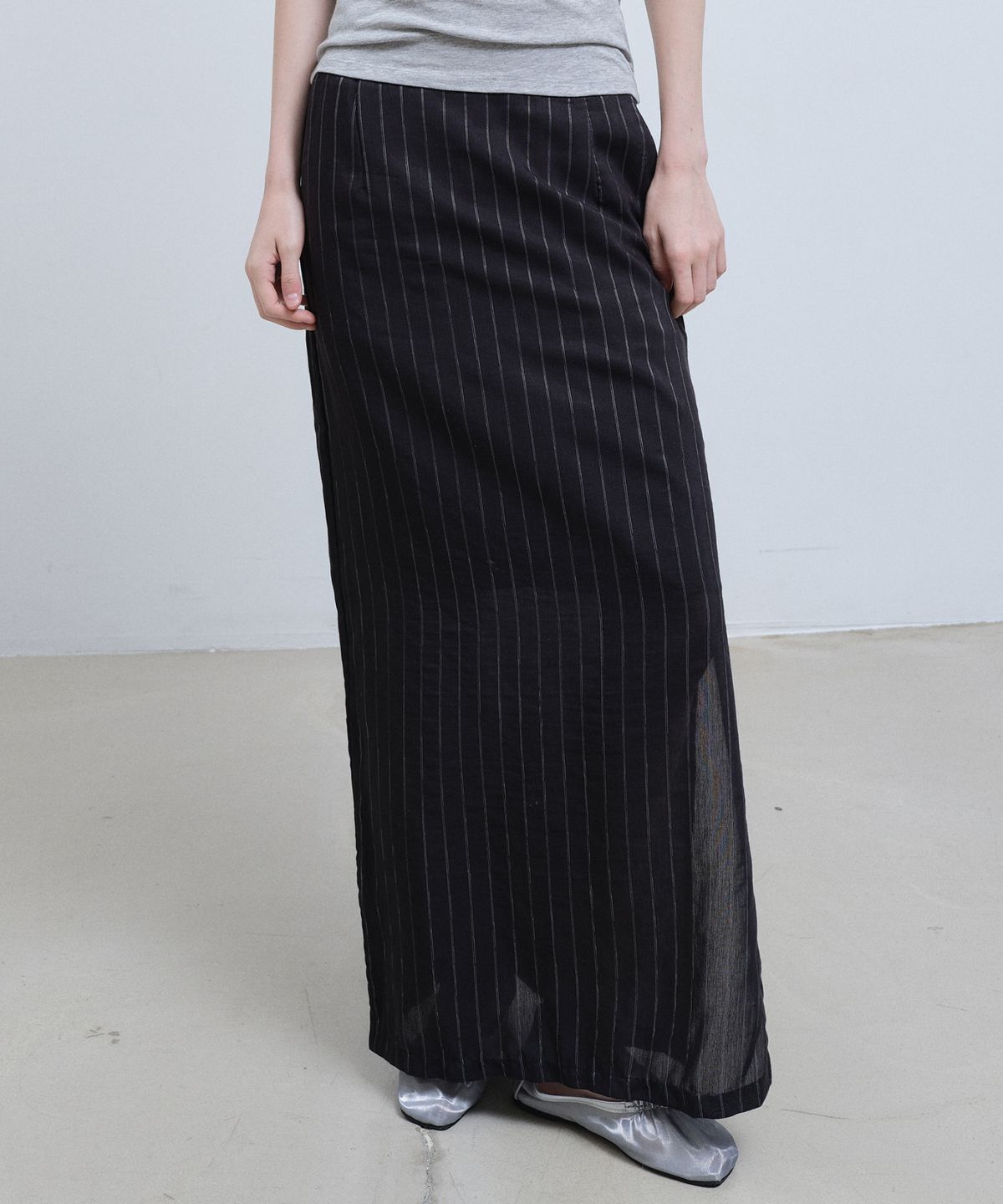 닉앤니콜(NICK&NICOLE) LINEN STRIPE LONG SKIRT_BLACK