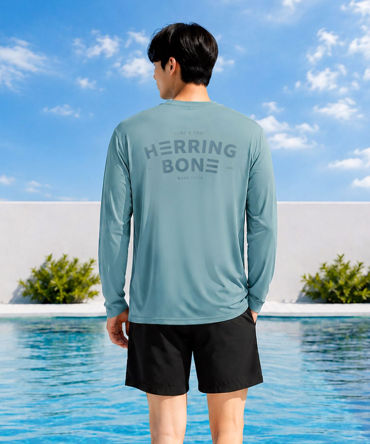 헤링본(HERRINGBONE) [SET] 남성 루즈핏 빅로고 래쉬가드&액티브 스윔팬츠 RJ408 AD508