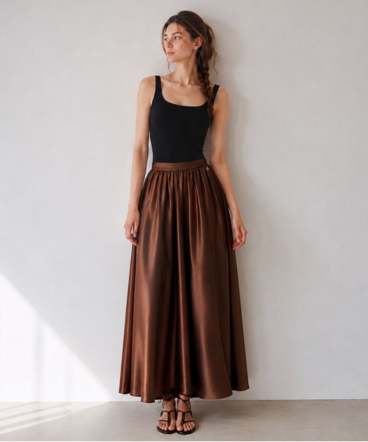 블랙크러쉬(BLACRUSH) Silky Satin Flare Skirt / 모카브라운