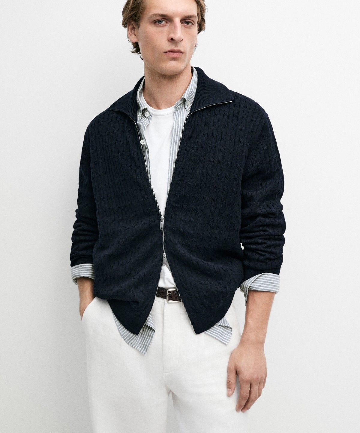 마시모두띠(MASSIMO DUTTI) 100% 코튼 브레이드 니트 가디건
