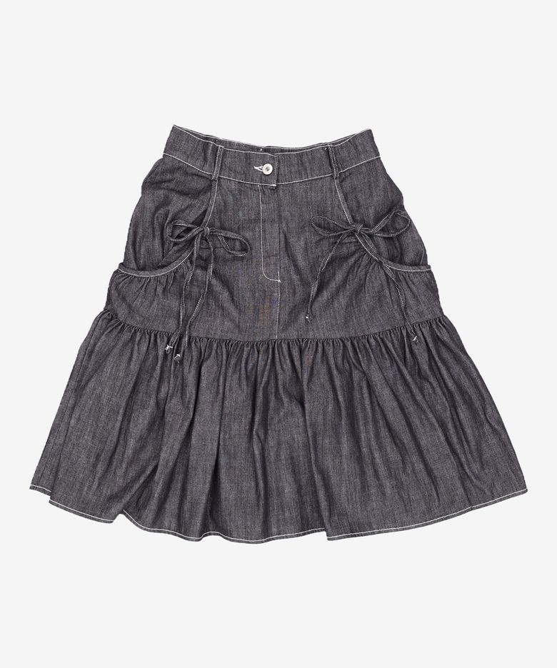 MIDI SHIRRING RIBBON DENIM SKIRT 1