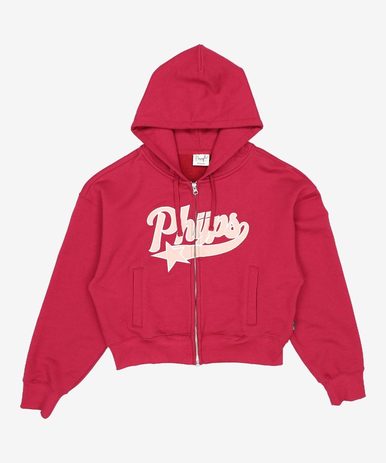 WOMENS CROP STAR TAIL HOODIE ZIP UP PINK RED M