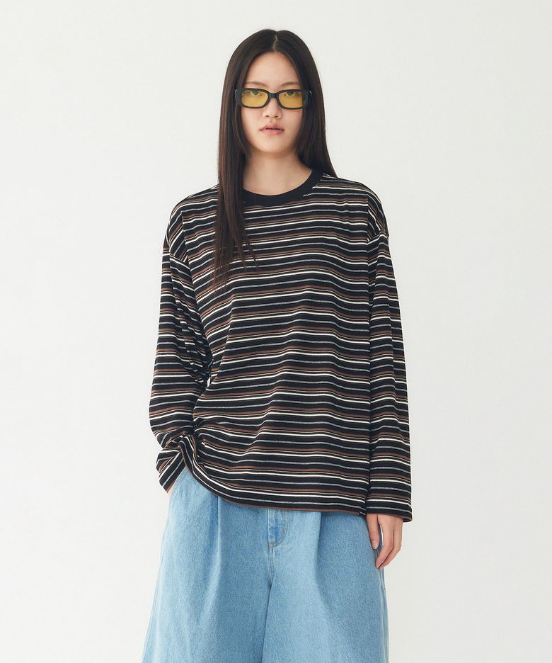 멀티 스트라이프 라운드넥 긴팔 티셔츠 _블랙_9176322980