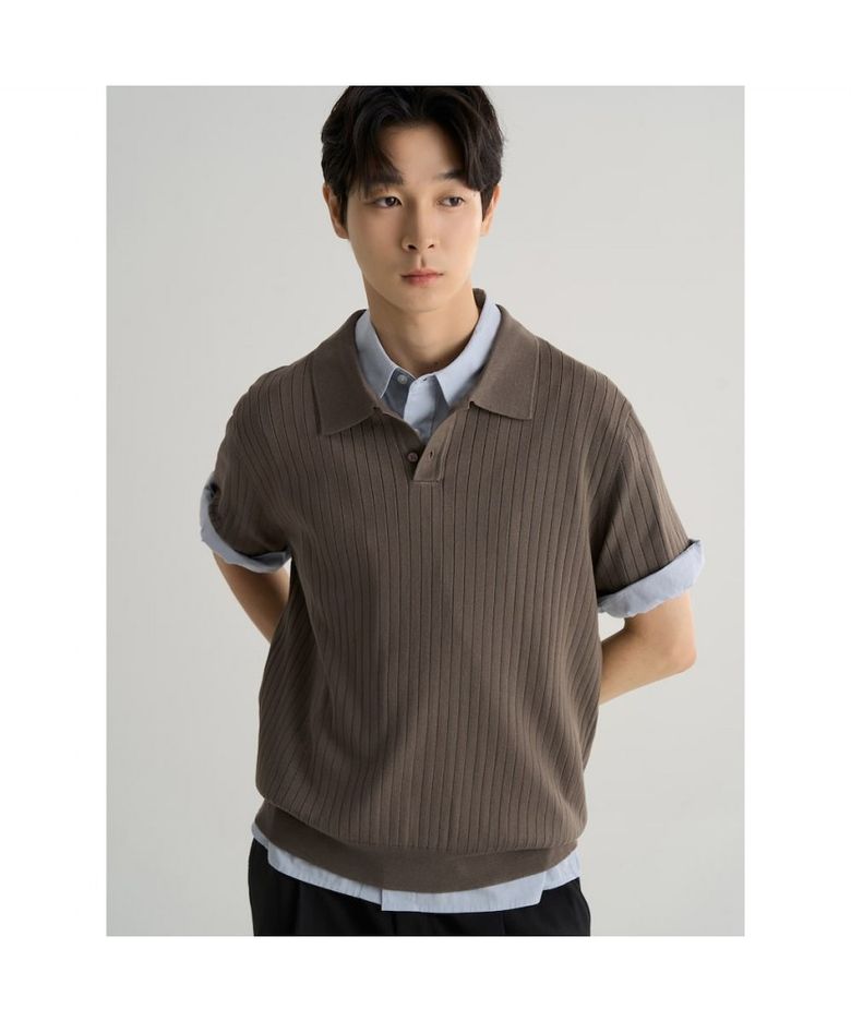 골지조직 칼라넥 반소매 니트  브라운