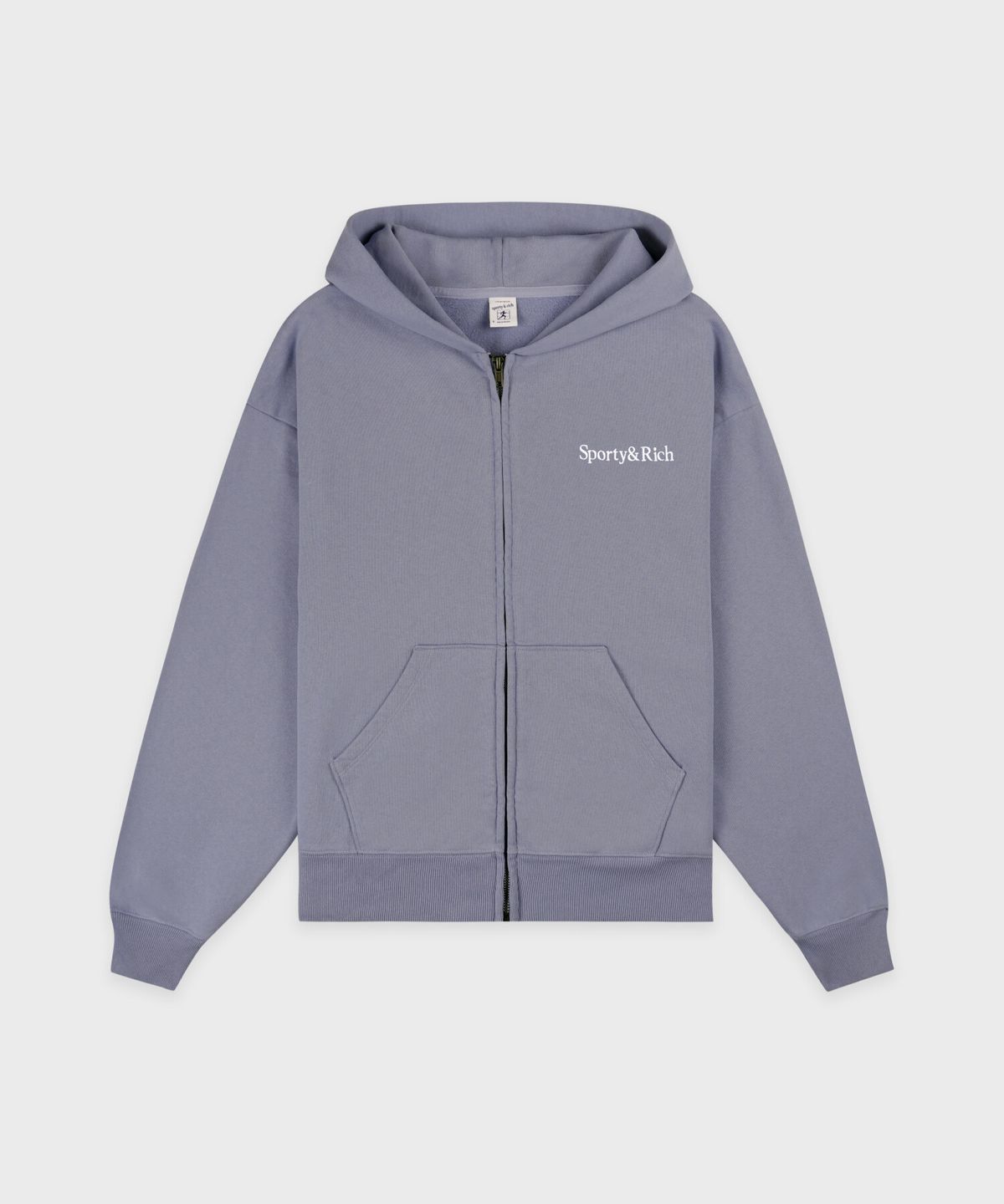 스포티앤리치(SPORTY&RICH) 세리프 로고 자수 집업 후드 남여공용 - 페이디드 인디고 R265AUW009