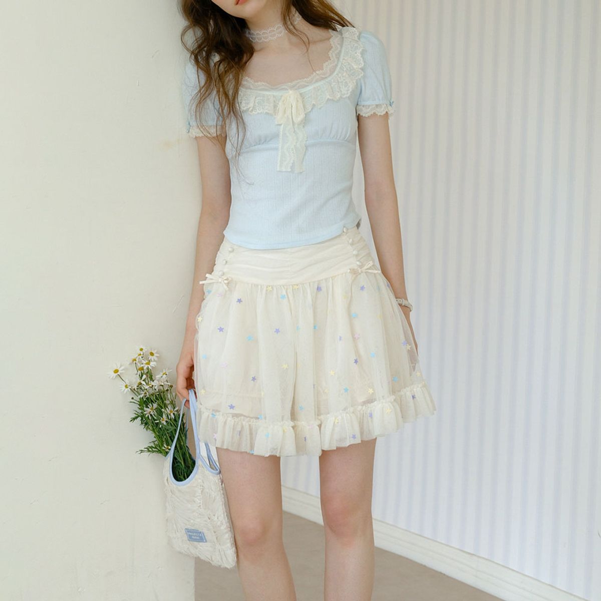 쎄무아듀(CEST MOIDEW) Cest_Star embroidered mesh mini skirt
