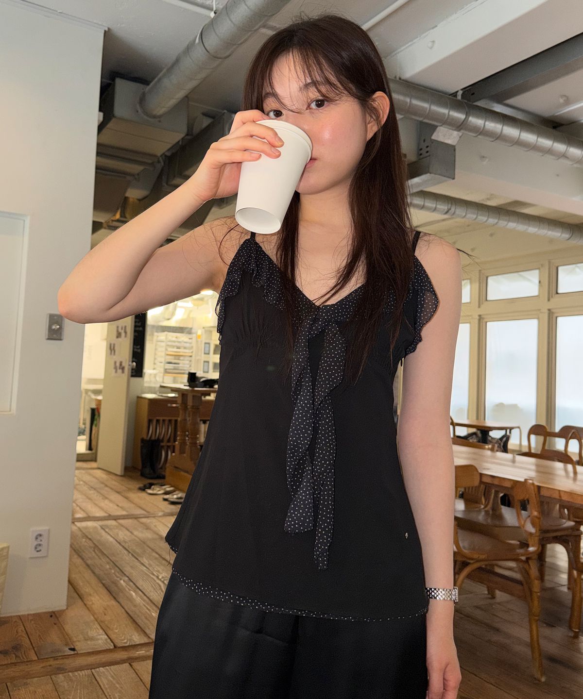 호와스(HOWUS) CREPE DOT TOP (PALE BLACK)