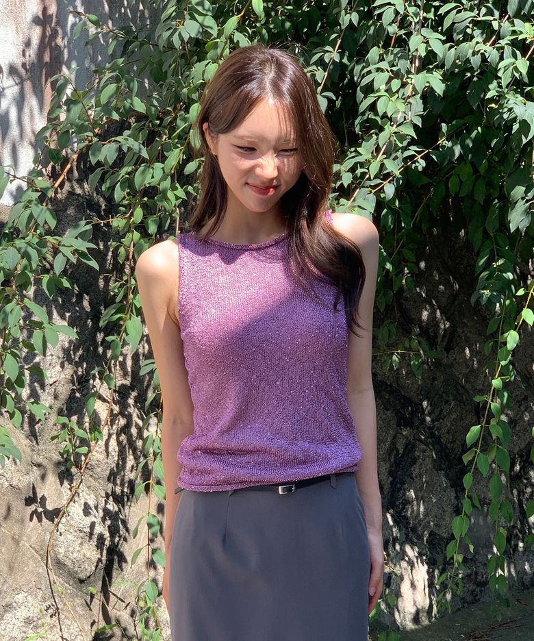 Sequin Boatneck Slim Sleeveless Knit(Purple)