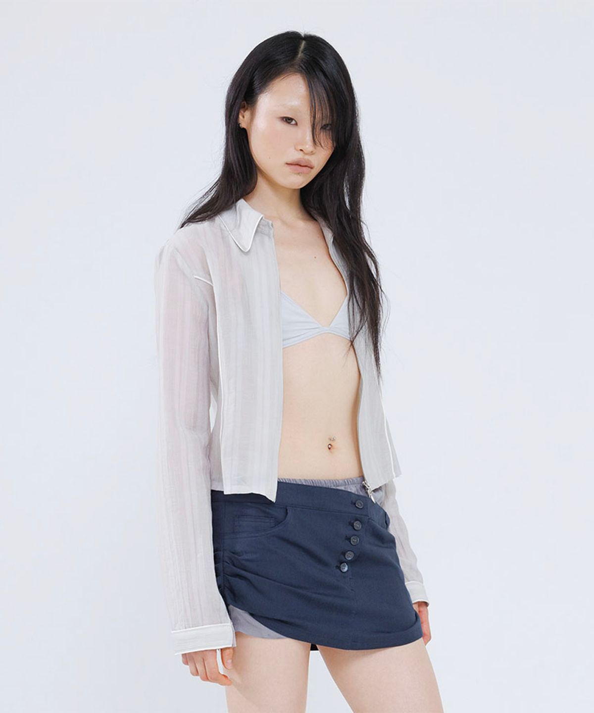 웻태그(WET TAG) SHEER GATHERED SHIRT JACKET MAUVE GRAY