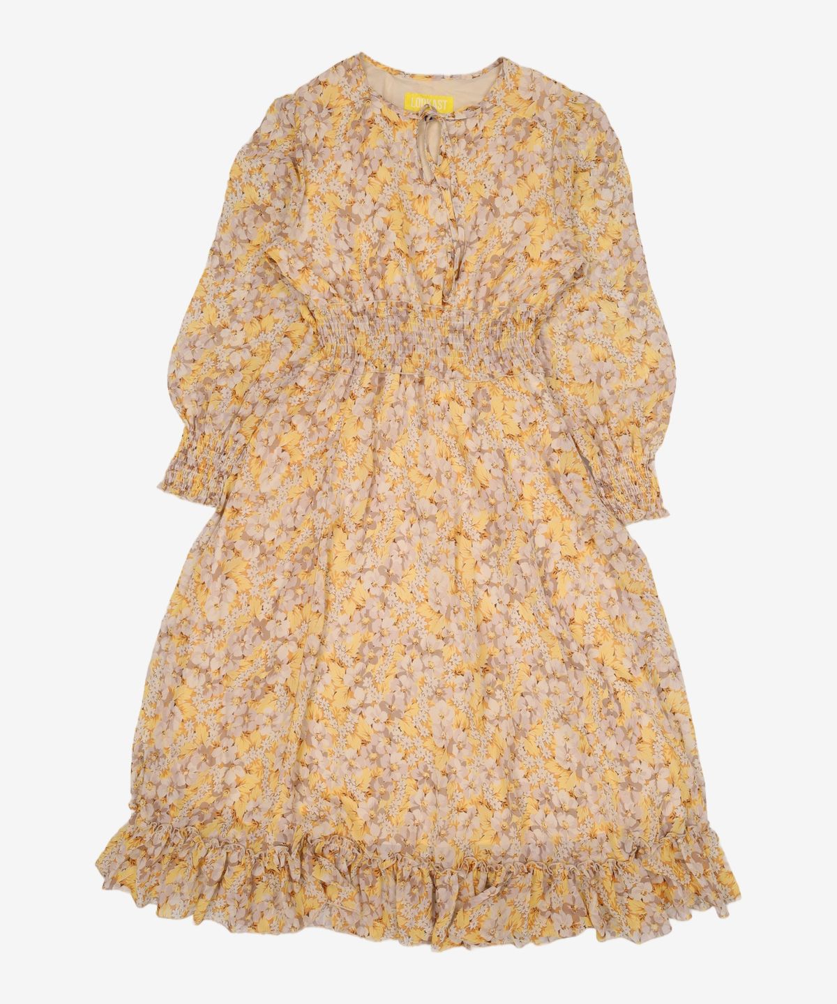 룩캐스트(LOOKAST) YELLOW PRINTING RUFFLE LONG DRESS FREE