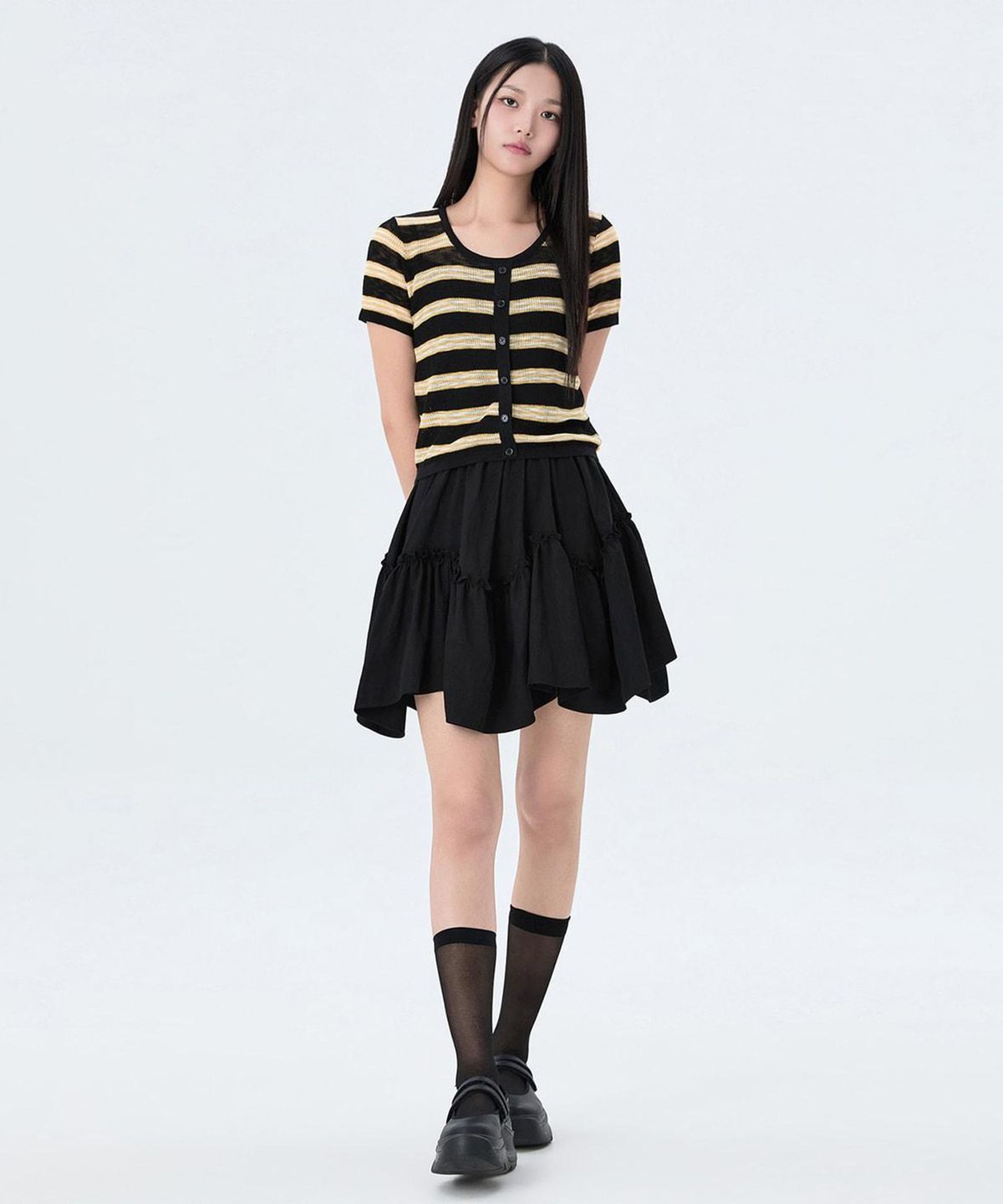 미쏘(MIXXO) 스트라이프 반팔 가디건_MIWCKG91AS